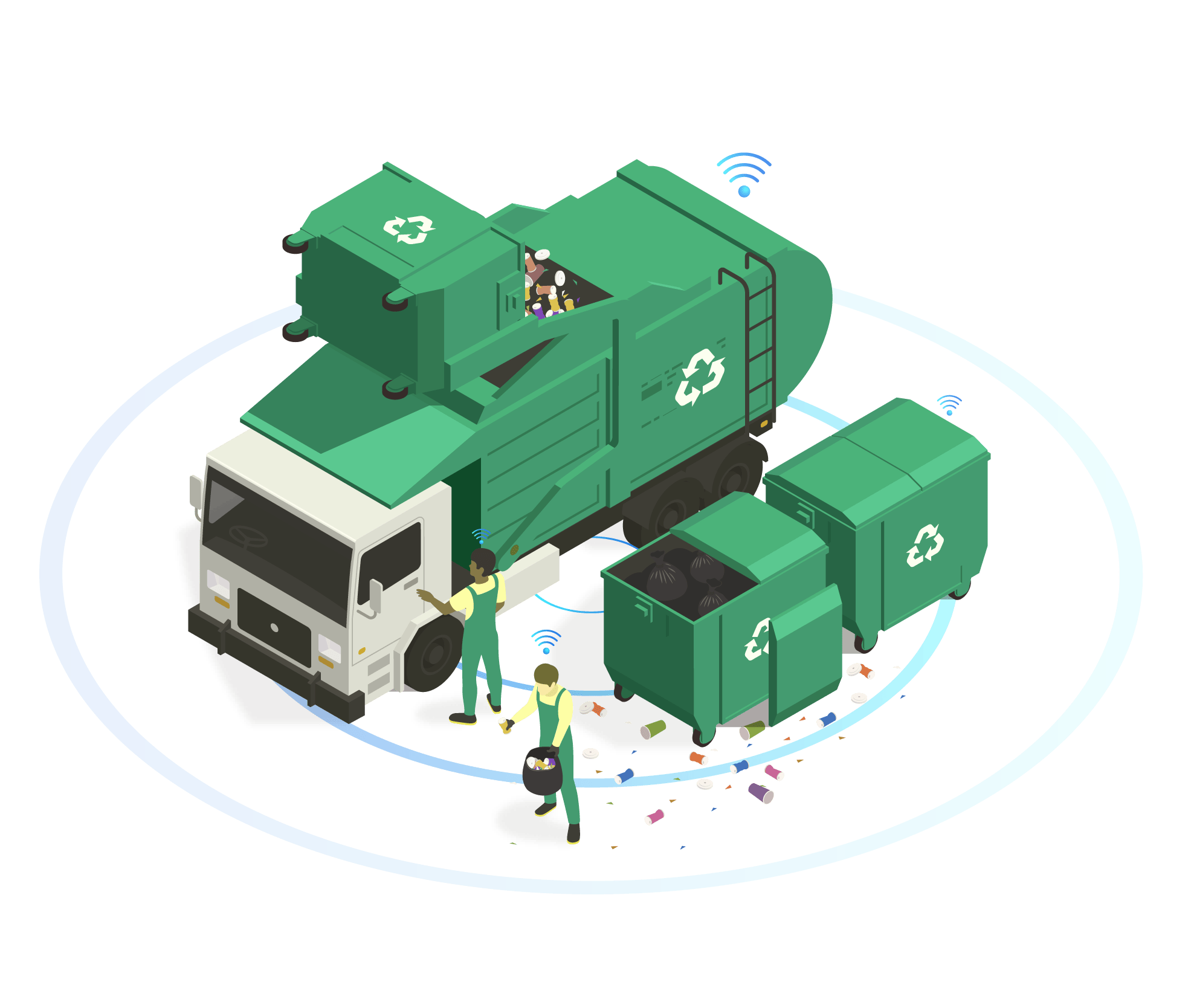 Smart IoT waste management system showing connected garbage trucks and intelligent waste bins with real-time monitoring for efficient smart city operations
